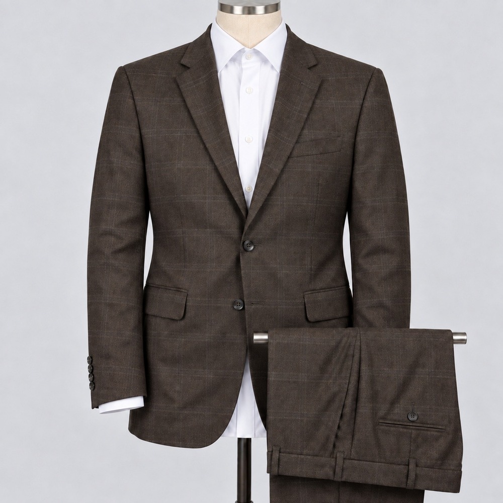 Jos.A.Bank Mens 44S 38x27 100% WOOL 2 Piece Suit Flat Front Brown Glen Plaid